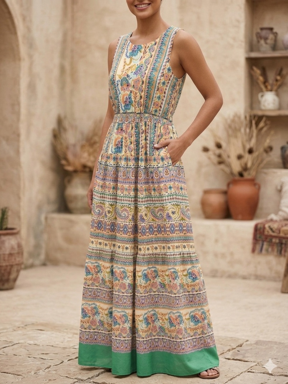 Maison Tara Floral Stripe Maxi Dress with pockets  Size L summer vibes
